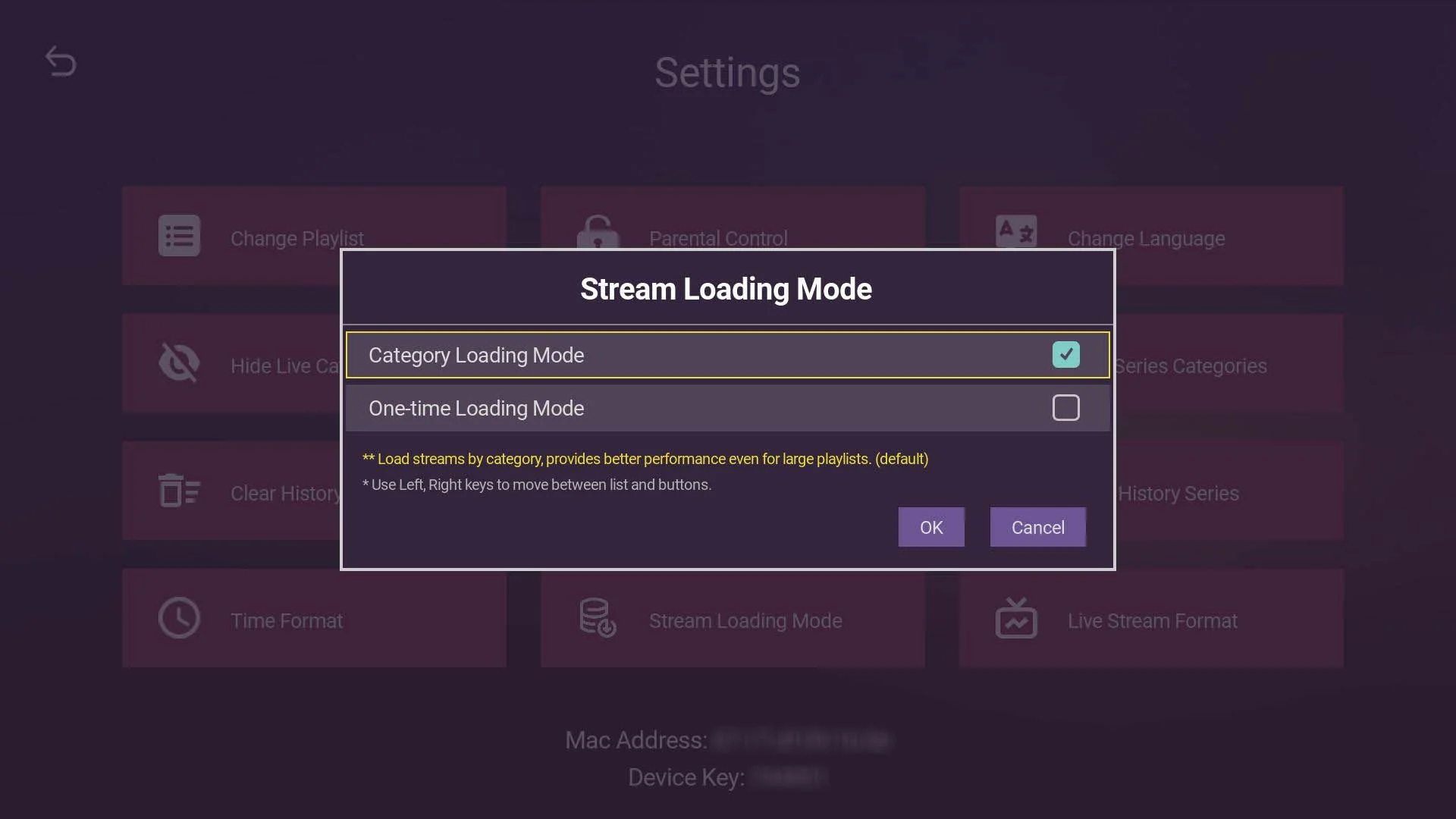 IBO Player Pro Roku — Opções de modo de carregamento: Category Loading e One-time Loading