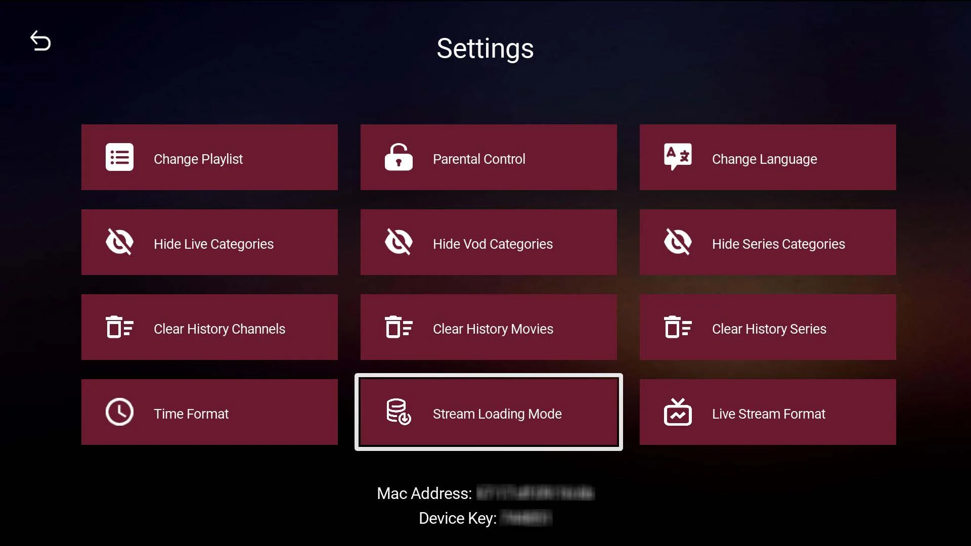 IBO Player Pro Roku — Menu de configurações com opção Stream Loading Mode